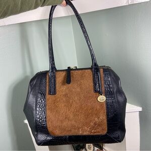 Brahmin Black Croc Embossed Leather Calf Hair Large Tote Shoulder Bag Purse